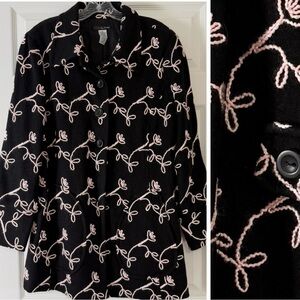 Black and Pale Pink Embroidered Floral Wool Blend Coat Large
